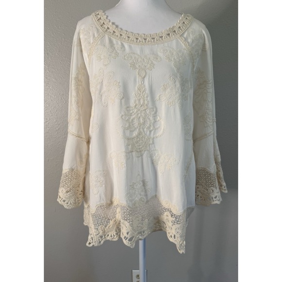 Democracy Tops - Democracy Embroidered Rayon Boho Peasant Top Crochet Lace Bell Sleeve L